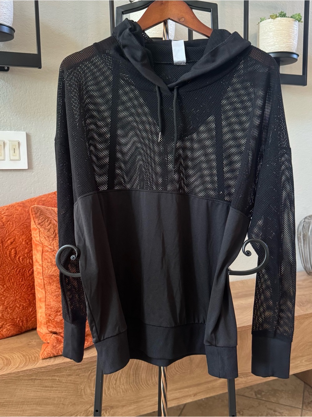 Black Mesh Panel Hooded Sweater - , Women Sweaters